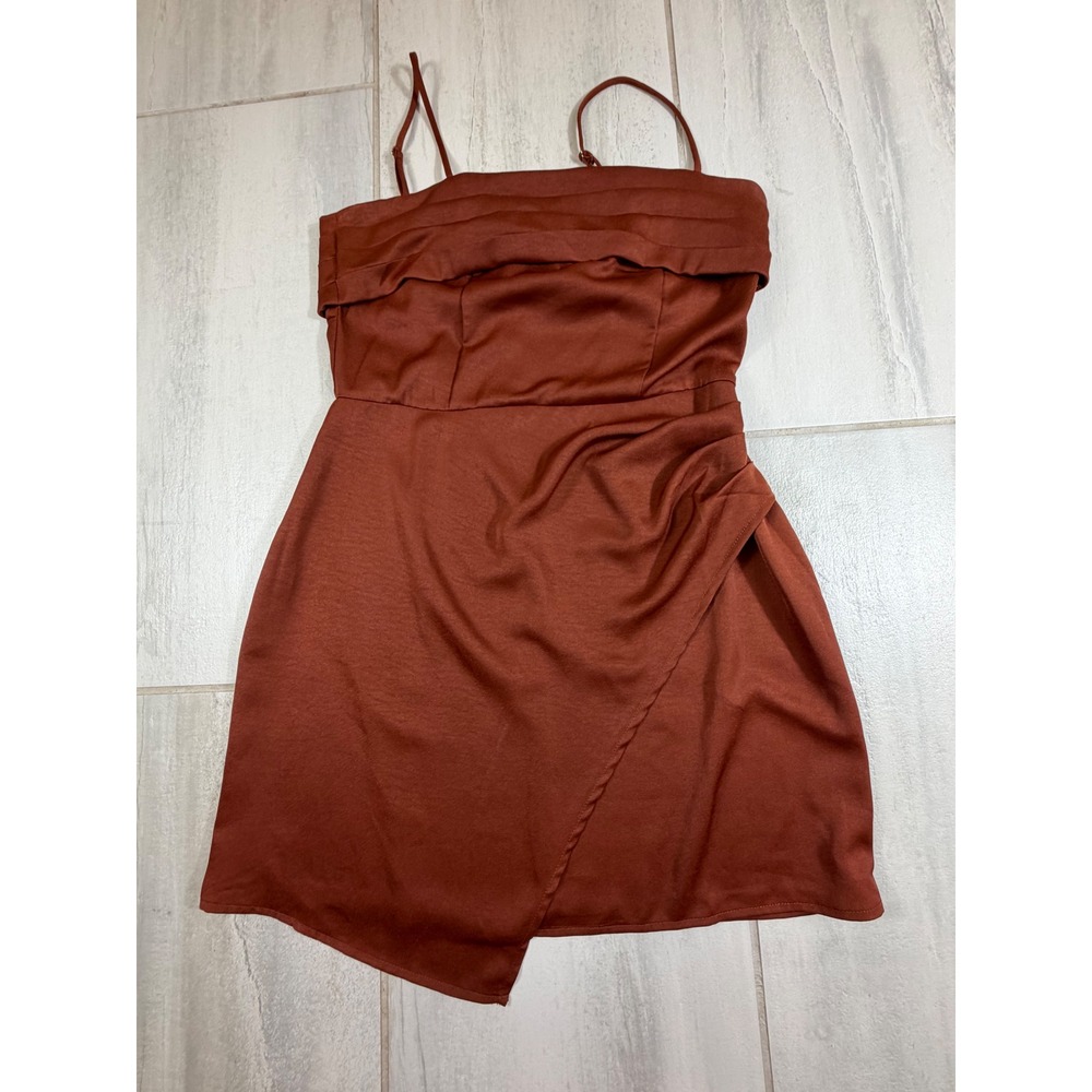 Lush Rust Brown Satin Asymmetrical Wrap Mini Dress Adjustable Straps